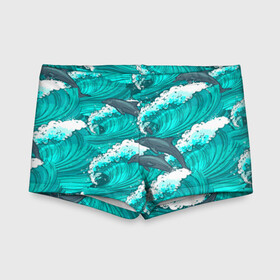 Детские купальные плавки 3D с принтом Дельфины в море в городе Новоалтайск, Полиэстер 85%, Спандекс 15% | Слитный крой, подклад по переду изделия, узкие бретели | dolphin | дельфин | дельфины | море | морские | на голубом | с дельфином