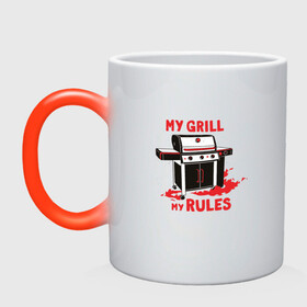 Кружка хамелеон с принтом My Grill My Rules в городе Новоалтайск, керамика | меняет цвет при нагревании, емкость 330 мл | Тематика изображения на принте: barbecue | bbw | cook | fire | flame | food | meat | steak | summer | барбекью | барбекю | газовый гриль | для повара | дымок | коптильня | коптильщик | копчение | лето | мангал | мой гриль мои правила | мясо | на шашлыки | огонь