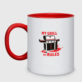 Кружка двухцветная с принтом My Grill My Rules в городе Новоалтайск, керамика | объем — 330 мл, диаметр — 80 мм. Цветная ручка и кайма сверху, в некоторых цветах — вся внутренняя часть | Тематика изображения на принте: barbecue | bbw | cook | fire | flame | food | meat | steak | summer | барбекью | барбекю | газовый гриль | для повара | дымок | коптильня | коптильщик | копчение | лето | мангал | мой гриль мои правила | мясо | на шашлыки | огонь