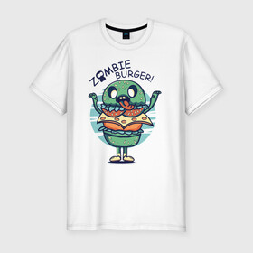 Мужская футболка хлопок Slim с принтом Zombie Burger! в городе Новоалтайск, 92% хлопок, 8% лайкра | приталенный силуэт, круглый вырез ворота, длина до линии бедра, короткий рукав | бургер | вредная еда | гамбургер | зомби | иллюстрация