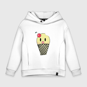 Детское худи Oversize хлопок с принтом  Мороженое Ice-cream в городе Новоалтайск, френч-терри — 70% хлопок, 30% полиэстер. Мягкий теплый начес внутри —100% хлопок | боковые карманы, эластичные манжеты и нижняя кромка, капюшон на магнитной кнопке | вишня | мороженное | стаканчик | стоит | удивленное