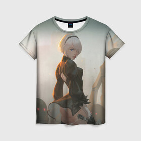 Женская футболка 3D с принтом Nier в городе Новоалтайск, 100% полиэфир ( синтетическое хлопкоподобное полотно) | прямой крой, круглый вырез горловины, длина до линии бедер | automata | game | nier | robots | yorha | андроид | аниме | воин | девушка | игра | нир | робот | самурай | экшн