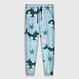 Женские брюки 3D с принтом Косатки киты в городе Новоалтайск, полиэстер 100% | прямой крой, два кармана без застежек по бокам, с мягкой трикотажной резинкой на поясе и по низу штанин. В поясе для дополнительного комфорта — широкие завязки | Тематика изображения на принте: whale | касатка | кит | киты | косатка | косатки | морские | паттерн