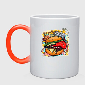 Кружка хамелеон с принтом Hey, Burger!  в городе Новоалтайск, керамика | меняет цвет при нагревании, емкость 330 мл | Тематика изображения на принте: burger | вредная еда | гамбургер | иллюстрация | напиток