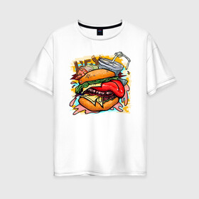 Женская футболка хлопок Oversize с принтом Hey, Burger!  в городе Новоалтайск, 100% хлопок | свободный крой, круглый ворот, спущенный рукав, длина до линии бедер
 | Тематика изображения на принте: burger | вредная еда | гамбургер | иллюстрация | напиток