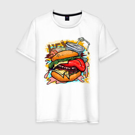 Мужская футболка хлопок с принтом Hey, Burger!  в городе Новоалтайск, 100% хлопок | прямой крой, круглый вырез горловины, длина до линии бедер, слегка спущенное плечо. | burger | вредная еда | гамбургер | иллюстрация | напиток