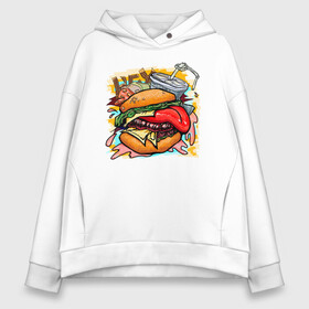 Женское худи Oversize хлопок с принтом Hey, Burger!  в городе Новоалтайск, френч-терри — 70% хлопок, 30% полиэстер. Мягкий теплый начес внутри —100% хлопок | боковые карманы, эластичные манжеты и нижняя кромка, капюшон на магнитной кнопке | burger | вредная еда | гамбургер | иллюстрация | напиток