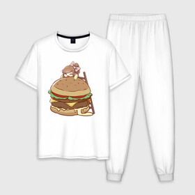Мужская пижама хлопок с принтом Anime Burger в городе Новоалтайск, 100% хлопок | брюки и футболка прямого кроя, без карманов, на брюках мягкая резинка на поясе и по низу штанин
 | Тематика изображения на принте: аниме | бургер | гамбургер | девушка | иллюстрация