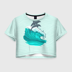 Женская футболка Crop-top 3D с принтом Два дельфина в городе Новоалтайск, 100% полиэстер | круглая горловина, длина футболки до линии талии, рукава с отворотами | dolphin | волна | два дельфина | дельфин | дельфины | море | морские | на голубом | с дельфином