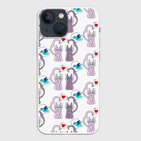 Чехол для iPhone 13 mini с принтом Фиолетовые котики в городе Новоалтайск,  |  | кошки | любовь | милый | птичка | сердце
