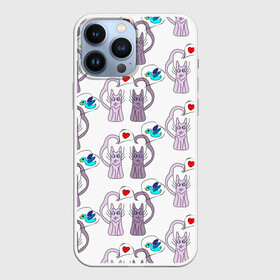 Чехол для iPhone 13 Pro Max с принтом Фиолетовые котики в городе Новоалтайск,  |  | Тематика изображения на принте: кошки | любовь | милый | птичка | сердце