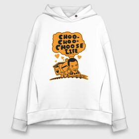 Женское худи Oversize хлопок с принтом Choo-Choose Life в городе Новоалтайск, френч-терри — 70% хлопок, 30% полиэстер. Мягкий теплый начес внутри —100% хлопок | боковые карманы, эластичные манжеты и нижняя кромка, капюшон на магнитной кнопке | Тематика изображения на принте: britain | chill | choose life | cinema | danny boyle | movie | trainspotting | британия | выбери жизнь | драма | дэнни бойл | ирвин уэлш | кино | криминал | макгрегор | на игле | тусовка | фильм