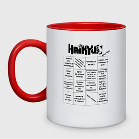 Кружка двухцветная с принтом Haikyuu!! bingo в городе Новоалтайск, керамика | объем — 330 мл, диаметр — 80 мм. Цветная ручка и кайма сверху, в некоторых цветах — вся внутренняя часть | Тематика изображения на принте: anime | haikyu | haikyuu | manga | аниме | бинго | волейбол | волейбольный клуб | волейбольный мяч | для игры | игра | карасуно | лого | манга | мяч | надпись | настольная игра | старшая школа | таблица | хаику | хаикую