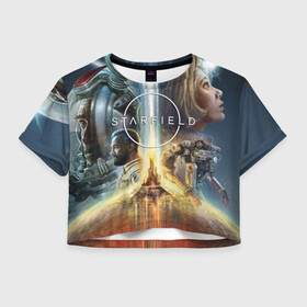 Женская футболка Crop-top 3D с принтом Starfield Обложка в городе Новоалтайск, 100% полиэстер | круглая горловина, длина футболки до линии талии, рукава с отворотами | bethesda | cosmos | fallout | games | microsoft | nextgen | oblivion | planet | robot | rpg | skyrim | space | starfield | starship | the elders scrolls | xbox | бефезда | древние свитки | звездолет | игры | иксбокс | космос | майкрософт | некстген | обли