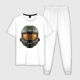 Мужская пижама хлопок с принтом Halo Шлем Мастера Чифа в городе Новоалтайск, 100% хлопок | брюки и футболка прямого кроя, без карманов, на брюках мягкая резинка на поясе и по низу штанин
 | alien | future | galactic | games | halo | helmet | infinite | master chief | microsoft | nextgen | robot | space | war | weapon | xbox | бесконечность | будущее | война | галактика | игры | иксбокс | инопланетянин | космос | майкрософт | мастер чиф | нек
