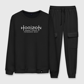 Мужской костюм хлопок с принтом Horizon Forbidden West в городе Новоалтайск, 100% хлопок | на свитшоте круглая горловина, мягкая резинка по низу. Брюки заужены к низу, на них два вида карманов: два “обычных” по бокам и два объемных, с клапанами, расположенные ниже линии бедра. Брюки с мягкой трикотажной резинкой на поясе и по низу штанин. В поясе для дополнительного комфорта — широкие завязки | aloy | dawn | forbidden | horizon | west | zero | вест | нора | племя | форбидден | хорайзен | хоризон | элой