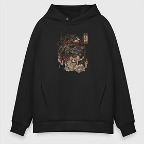 Мужское худи Oversize хлопок с принтом Warrior on Skull в городе Новоалтайск, френч-терри — 70% хлопок, 30% полиэстер. Мягкий теплый начес внутри —100% хлопок | боковые карманы, эластичные манжеты и нижняя кромка, капюшон на магнитной кнопке | Тематика изображения на принте: samurai | войн | иероглифы | монстр | ниндзя | рыцарь | самурай | скелет | череп | япония