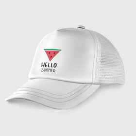 Детская кепка тракер с принтом HELLO SUMMER в городе Новоалтайск, Козырек - 100% хлопок. Кепка - 100% полиэстер, Задняя часть - сетка | универсальный размер, пластиковая застёжка | funny | happy | hello | icecream | rainbow | romantic | summer | sun | арбуз | веселье | значки | лето | отдых | отпуск | привет | романтика | солнце | счастье | тепло