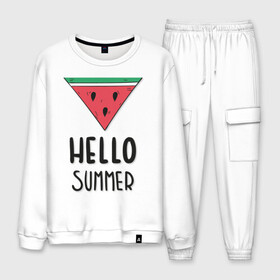 Мужской костюм хлопок с принтом HELLO SUMMER в городе Новоалтайск, 100% хлопок | на свитшоте круглая горловина, мягкая резинка по низу. Брюки заужены к низу, на них два вида карманов: два “обычных” по бокам и два объемных, с клапанами, расположенные ниже линии бедра. Брюки с мягкой трикотажной резинкой на поясе и по низу штанин. В поясе для дополнительного комфорта — широкие завязки | funny | happy | hello | icecream | rainbow | romantic | summer | sun | арбуз | веселье | значки | лето | отдых | отпуск | привет | романтика | солнце | счастье | тепло