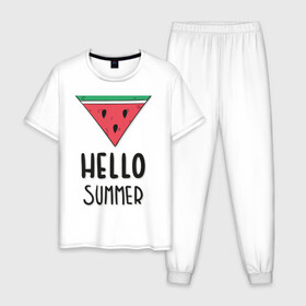 Мужская пижама хлопок с принтом HELLO SUMMER в городе Новоалтайск, 100% хлопок | брюки и футболка прямого кроя, без карманов, на брюках мягкая резинка на поясе и по низу штанин
 | funny | happy | hello | icecream | rainbow | romantic | summer | sun | арбуз | веселье | значки | лето | отдых | отпуск | привет | романтика | солнце | счастье | тепло