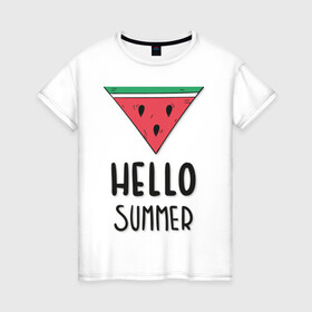 Женская футболка хлопок с принтом HELLO SUMMER в городе Новоалтайск, 100% хлопок | прямой крой, круглый вырез горловины, длина до линии бедер, слегка спущенное плечо | funny | happy | hello | icecream | rainbow | romantic | summer | sun | арбуз | веселье | значки | лето | отдых | отпуск | привет | романтика | солнце | счастье | тепло