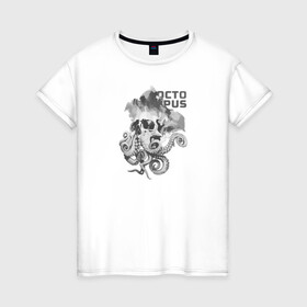 Женская футболка хлопок с принтом OCTOPUS SKULL в городе Новоалтайск, 100% хлопок | прямой крой, круглый вырез горловины, длина до линии бедер, слегка спущенное плечо | монстр | морской | осьминог | пират | скелет | тату | татуировка | череп | щупальцы