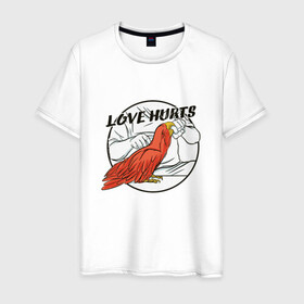 Мужская футболка хлопок с принтом Love Hurts Любовь это боль в городе Новоалтайск, 100% хлопок | прямой крой, круглый вырез горловины, длина до линии бедер, слегка спущенное плечо. | about love | art | bird | birds | bite | parrot | арт | животные | злой попугай | иллюстрация | клюв | кусь | кусь это по любви | любовь причиняет боль | любовь это кусь | надпись | попуг | попугай | попугай кусается