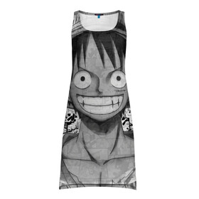 Платье-майка 3D с принтом Луфи улыбается one piece в городе Новоалтайск, 100% полиэстер | полуприлегающий силуэт, широкие бретели, круглый вырез горловины, удлиненный подол сзади. | anime | luffy | one piece | zoro | аниме | большой куш | ван пис | вон пис | зоро | луфи | луффи | пират | пираты | ророна