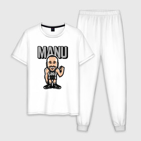 Мужская пижама хлопок с принтом Manu в городе Новоалтайск, 100% хлопок | брюки и футболка прямого кроя, без карманов, на брюках мягкая резинка на поясе и по низу штанин
 | basketball | game | ginobili | manu | nba | san antonio | sport | spurs | streetball | баскетбол | баскетболист | джинобили | игра | игрок | ману | мяч | нба | сан антонио | сперс | спорт | стритбол | тренер