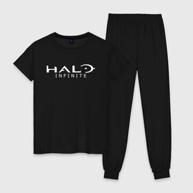 Женская пижама хлопок с принтом Halo Infinite в городе Новоалтайск, 100% хлопок | брюки и футболка прямого кроя, без карманов, на брюках мягкая резинка на поясе и по низу штанин | chief | game | guardians | halo | infinite | master | игра | инфинити | мастер чиф | спартанец 117 | хало | хело | шутер
