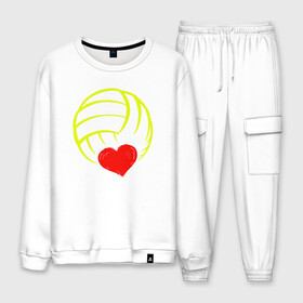 Мужской костюм хлопок с принтом Volleyball Heart в городе Новоалтайск, 100% хлопок | на свитшоте круглая горловина, мягкая резинка по низу. Брюки заужены к низу, на них два вида карманов: два “обычных” по бокам и два объемных, с клапанами, расположенные ниже линии бедра. Брюки с мягкой трикотажной резинкой на поясе и по низу штанин. В поясе для дополнительного комфорта — широкие завязки | Тематика изображения на принте: ball | beach | game | heart | love | sport | volley | volleyball | волейбол | волейболист | волейболистка | гол | игра | игрок | мяч | площадка | пляж | пляжный | победа | сердце | сетка | спорт | тренер | чемпион