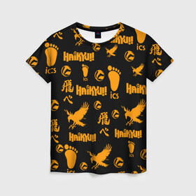 Женская футболка 3D с принтом Haikyu!! ВОЛЕЙБОЛ!! элементы в городе Новоалтайск, 100% полиэфир ( синтетическое хлопкоподобное полотно) | прямой крой, круглый вырез горловины, длина до линии бедер | anime | haikyu | haikyuu | karasuno | manga | аниме | волейбол | волейбольный клуб | вороны | иероглифы | карасуно | мазаика | манга | много элементов | мячи | некома | нога | старшая школа | ступня | хаику | хаикую