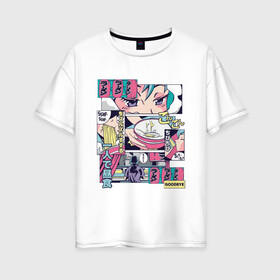 Женская футболка хлопок Oversize с принтом Vaporwave Anime Ramen Shop в городе Новоалтайск, 100% хлопок | свободный крой, круглый ворот, спущенный рукав, длина до линии бедер
 | anime fan | art | japan | japanese | manga character | tokyo | анимация | анимешник | арт | кафе | комикс | комиксы | магазин | манга | отрисовка | паровая волна | пародия | персонаж аниме | прикол | рамен