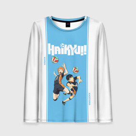 Женский лонгслив 3D с принтом Хината и Кагеяма Haikyuu!! в городе Новоалтайск, 100% полиэстер | длинные рукава, круглый вырез горловины, полуприлегающий силуэт | anime | haikyu | haikyuu | karasuno | manga | аниме | волейбол | волейбольный клуб | вороны | карасуно | король площадки | манга | ниндзя шоё | синяя | старшая школа | тобио кагеяма | хаику | хаикую | шоё хината