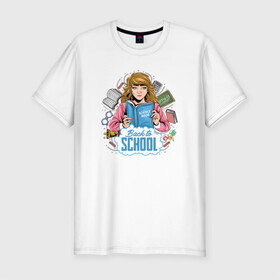 Мужская футболка хлопок Slim с принтом Back To School в городе Новоалтайск, 92% хлопок, 8% лайкра | приталенный силуэт, круглый вырез ворота, длина до линии бедра, короткий рукав | Тематика изображения на принте: art | девушка | иллюстрация | книги | школа