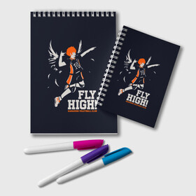 Блокнот с принтом fly high! Шоё Хината Haikyuu!! в городе Новоалтайск, 100% бумага | 48 листов, плотность листов — 60 г/м2, плотность картонной обложки — 250 г/м2. Листы скреплены удобной пружинной спиралью. Цвет линий — светло-серый
 | Тематика изображения на принте: 10 номер | anime | haikyu | haikyuu | hinata shoyo | karasuno | manga | аниме | волейбол | волейбольный клуб | иероглифы | карасуно | лети высоко | лого | манга | надпись | прыжок | старшая школа | хаику | хаикую