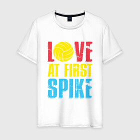 Мужская футболка хлопок с принтом Love at first spike в городе Новоалтайск, 100% хлопок | прямой крой, круглый вырез горловины, длина до линии бедер, слегка спущенное плечо. | ball | beach | game | sport | volley | volleyball | волейбол | волейболист | волейболистка | гол | игра | игрок | мяч | площадка | пляж | пляжный | победа | сетка | спорт | тренер | чемпион
