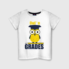 Детская футболка хлопок с принтом Owl Grades в городе Новоалтайск, 100% хлопок | круглый вырез горловины, полуприлегающий силуэт, длина до линии бедер | арт | иллюстрация | карандаш | сова | студент