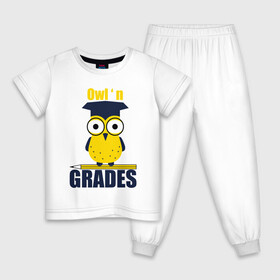 Детская пижама хлопок с принтом Owl Grades в городе Новоалтайск, 100% хлопок |  брюки и футболка прямого кроя, без карманов, на брюках мягкая резинка на поясе и по низу штанин
 | арт | иллюстрация | карандаш | сова | студент