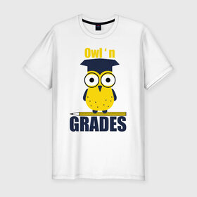 Мужская футболка хлопок Slim с принтом Owl Grades в городе Новоалтайск, 92% хлопок, 8% лайкра | приталенный силуэт, круглый вырез ворота, длина до линии бедра, короткий рукав | арт | иллюстрация | карандаш | сова | студент