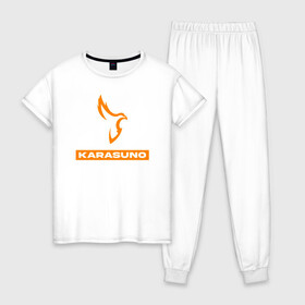 Женская пижама хлопок с принтом KARASUNO лого Haikyu!! в городе Новоалтайск, 100% хлопок | брюки и футболка прямого кроя, без карманов, на брюках мягкая резинка на поясе и по низу штанин | anime | haikyu | haikyuu | karasuno | karasuno high | manga | аниме | волейбол | волейбольный клуб | ворон | вороны | карасуно | крылья | лого | манга | надпись | перо | птица | старшая школа | хаику | хаикую
