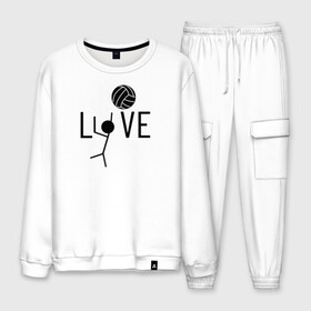 Мужской костюм хлопок с принтом LOVE VOLLEYBALL в городе Новоалтайск, 100% хлопок | на свитшоте круглая горловина, мягкая резинка по низу. Брюки заужены к низу, на них два вида карманов: два “обычных” по бокам и два объемных, с клапанами, расположенные ниже линии бедра. Брюки с мягкой трикотажной резинкой на поясе и по низу штанин. В поясе для дополнительного комфорта — широкие завязки | Тематика изображения на принте: anime | haikyu | haikyuu | karasuno | manga | аниме | волейбол | волейбольный клуб | игрок | карасуно | люблю | манга | мяч | силуэт | старшая школа | схематично | хаику | хаикую | человечек | черный