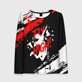 Женский лонгслив 3D с принтом FLY HIGH! Haikyu!! в городе Новоалтайск, 100% полиэстер | длинные рукава, круглый вырез горловины, полуприлегающий силуэт | anime | haikyu | haikyuu | karasuno | karasuno high | manga | аниме | белый | волейбол | волейбольный клуб | вороны | иероглиф | карасуно | лого | манга | на японском | надпись | старшая школа | хаику | хаикую | японские