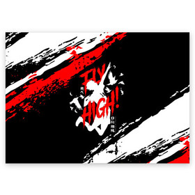 Поздравительная открытка с принтом FLY HIGH! Haikyu!! в городе Новоалтайск, 100% бумага | плотность бумаги 280 г/м2, матовая, на обратной стороне линовка и место для марки
 | anime | haikyu | haikyuu | karasuno | karasuno high | manga | аниме | белый | волейбол | волейбольный клуб | вороны | иероглиф | карасуно | лого | манга | на японском | надпись | старшая школа | хаику | хаикую | японские