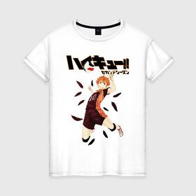 Женская футболка хлопок с принтом Шоё Хината оглушающий удар Haikyu!! в городе Новоалтайск, 100% хлопок | прямой крой, круглый вырез горловины, длина до линии бедер, слегка спущенное плечо | 10 номер | haikyu | haikyuu | hinata shoyo | karasuno | аниме | волейбол | волейбольный клуб | карасуно | коротышка | красный | мальчик мяч | манга | рыжик | старшая школа | хаикую | чиби чан | шоё хината