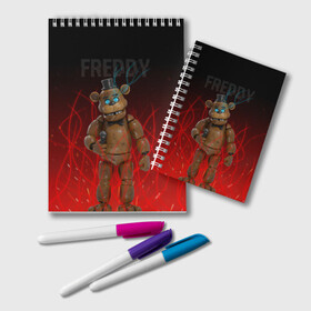 Блокнот с принтом FNAF FREDDY в городе Новоалтайск, 100% бумага | 48 листов, плотность листов — 60 г/м2, плотность картонной обложки — 250 г/м2. Листы скреплены удобной пружинной спиралью. Цвет линий — светло-серый
 | игры | искры | красный | стиль | фнаф | фредди