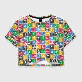 Женская футболка Crop-top 3D с принтом СПОРТ в городе Новоалтайск, 100% полиэстер | круглая горловина, длина футболки до линии талии, рукава с отворотами | Тематика изображения на принте: sport | баскетбол | бейсбол | биатлон | бокс | боулинг | волейбол | гольф | зож | крикет | легкая атлетика | лыжный спорт | мма | плавание | регби | спорт | спортсмен | теннис | тяжелая атлетика