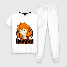 Женская пижама хлопок с принтом Haikyu Улыбка Хинаты в городе Новоалтайск, 100% хлопок | брюки и футболка прямого кроя, без карманов, на брюках мягкая резинка на поясе и по низу штанин | hinata | karasuno | shouyou | volleyball | карасуно | хината | шоё