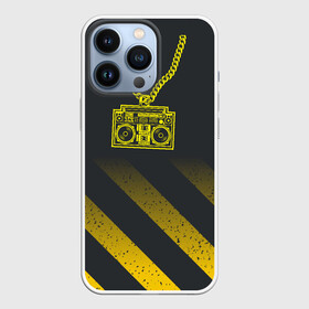 Чехол для iPhone 13 Pro с принтом Золотой магнитофон на цепи в городе Новоалтайск,  |  | бумбокс | золотая цепь | золото | магнитофон | музыка | цепь