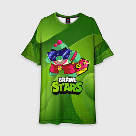 Детское платье 3D с принтом Базз Buzz Brawl Stars Green в городе Новоалтайск, 100% полиэстер | прямой силуэт, чуть расширенный к низу. Круглая горловина, на рукавах — воланы | Тематика изображения на принте: brawl | brawl stars | brawlstars | brawl_stars | buz | buzz | баз | базз | бравл | бравлстарс | буз